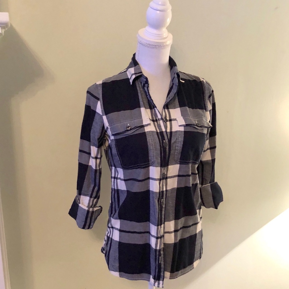 J Crew Navy Blue Plaid Button Down 100% Cotton